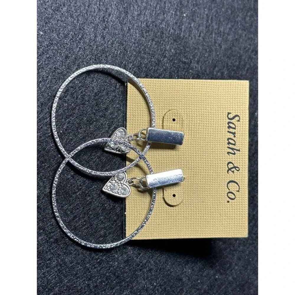 Sarah & Co Silver Tone Hoop Earrings with Rhinestone Heart Charm Dangle New